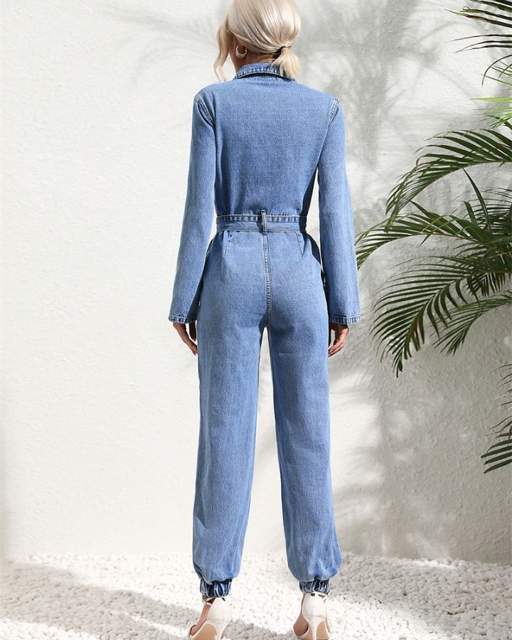 jeanssotff-jumpsuit-rundhalsausschnitt-kragen-vorne-oben-tasche-lange-armel-denim-gurtel-elastischer-saum-vorne-knopf