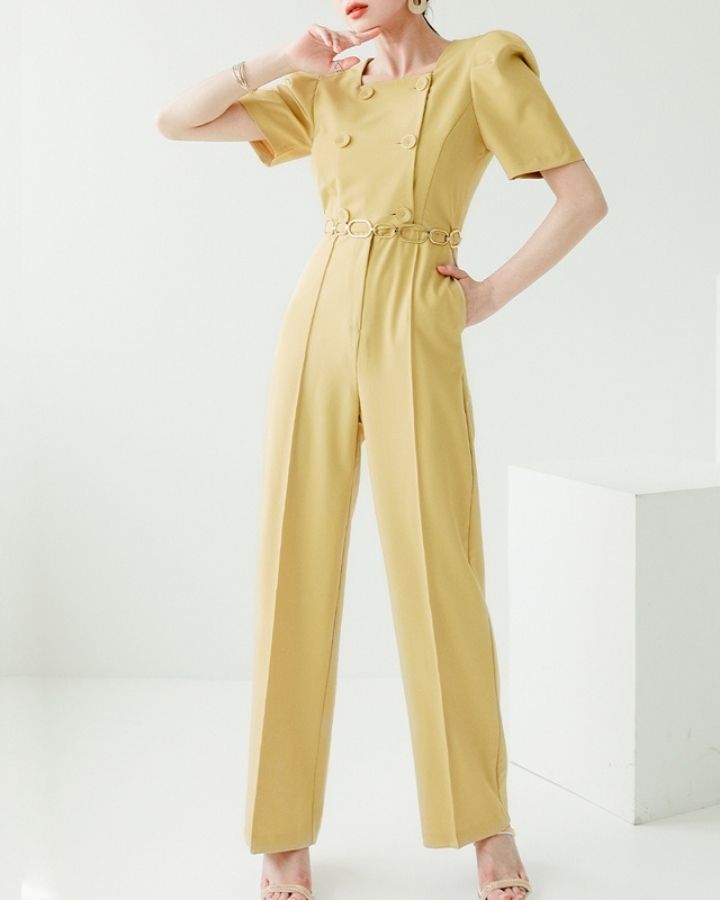jumpsuit-damen-elegant-kurze-puffarmel-eckiger-kragen-vorne-knopf-plissiert-weite-hose-einfarbig-gelbe-farbe