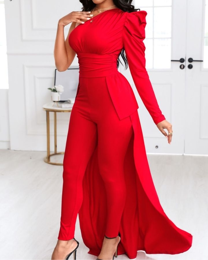 jumpsuit-damen-festlich-eine-schulter-armel-cape-befestigung-slim-fit-einfach-rot-farbe-glanzend-elegant