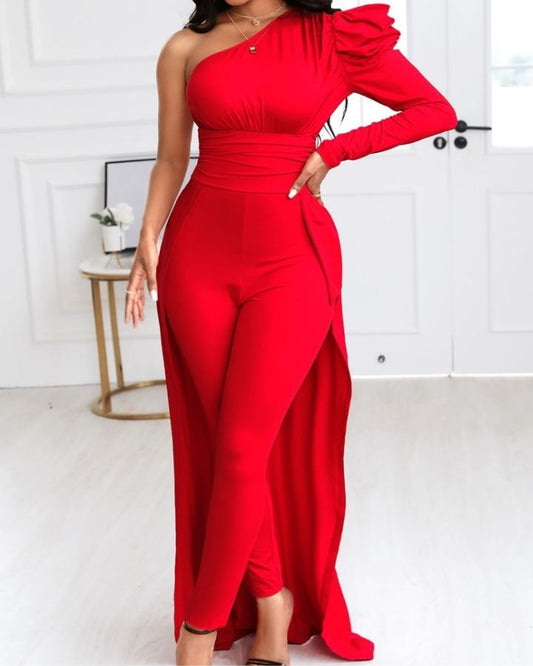 jumpsuit-damen-festlich-eine-schulter-armel-cape-befestigung-slim-fit-einfach-rot-farbe-glanzend-elegant