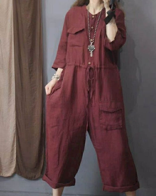 jumpsuit-damen-kuschelig-baumwolle-leinenstoff-langarm-taschen-design-weit-geschnitten-einfach-farbe
