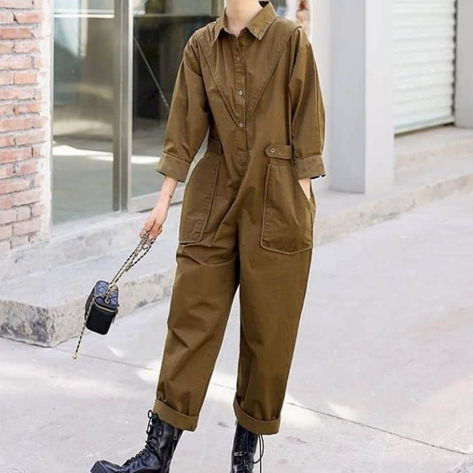 jumpsuit-damen-kuschelig-vintage-design-umlegekragen-knopf-vorne-einfache-farbe-breite-hosentasche