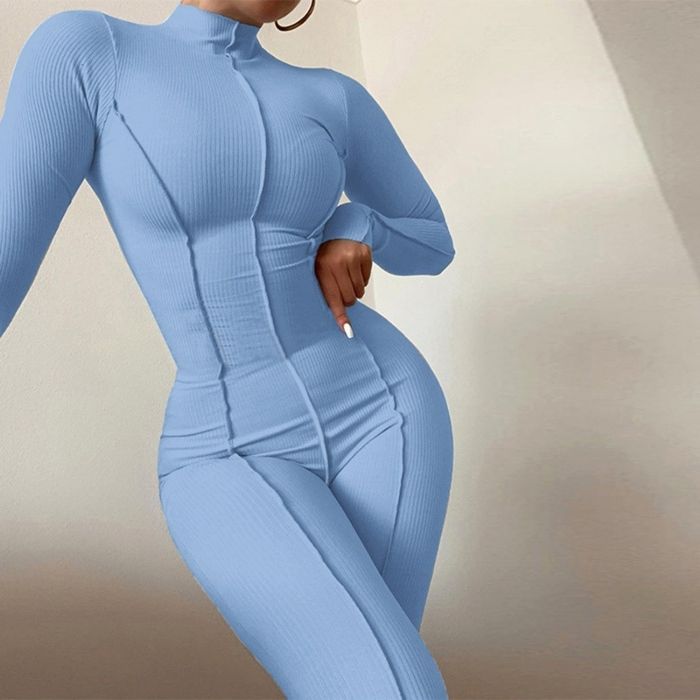 jumpsuit-damen-sportlich-langarm-einfach-farbe-eng-anliegend-falten-linie-elegant-schick
