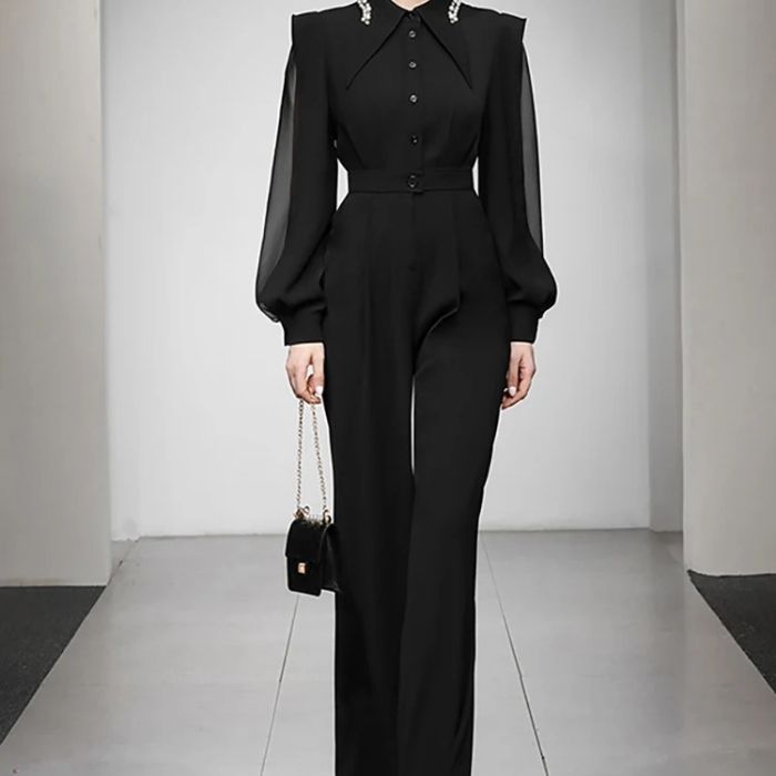    schwarzer-jumpsuit-laternenarmel-patchwork-taille-elegantes-langarmhemd-kragen-knopfleiste-design